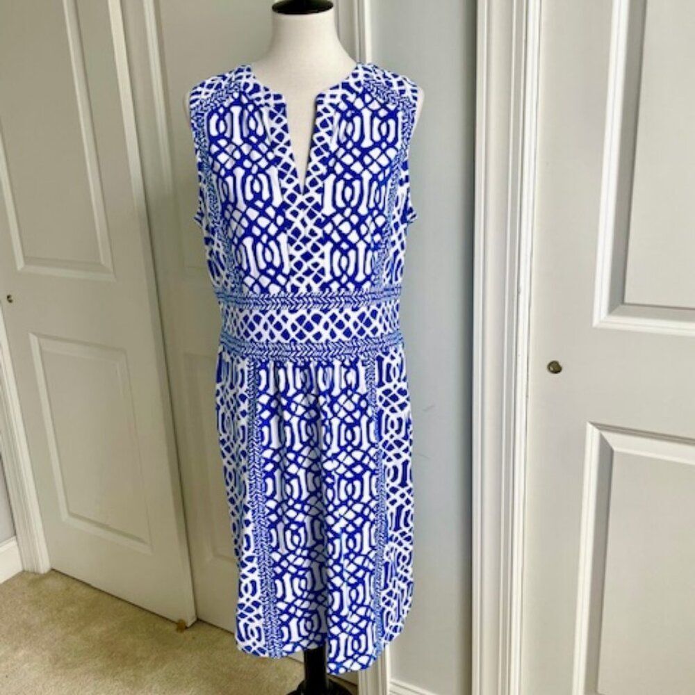 J. McLaughlin Blue White Geometric Sleeveless Dress Size XL